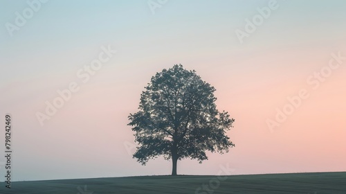 A solitary tree silhouetted against a soft, pastel sky at dusk.