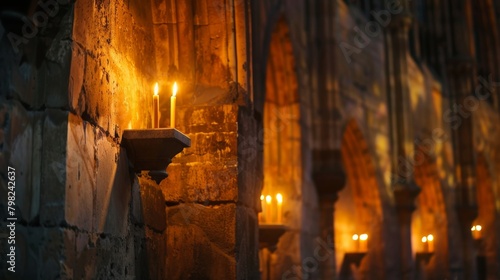 The entrance of a Gothicstyle cathedral is illuminated by alcoves in the stone walls each holding a flickering candle to guide worshippers into the depths of the church. 2d flat cartoon. photo