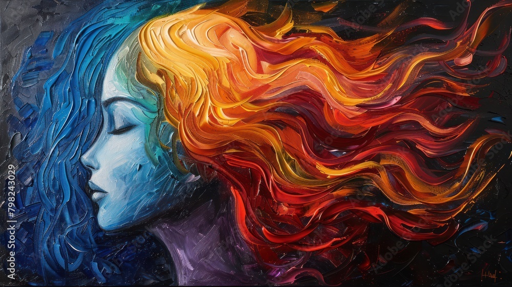 A painting of a woman with flowing red hair and a blue face. A painting of a woman with flowing red hair and a blue face.