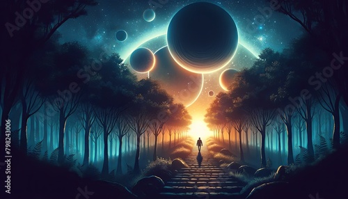 Silhouetted figure on a forest path with a cosmic backdrop, ideal for themes of exploration, fantasy, and the unknown.