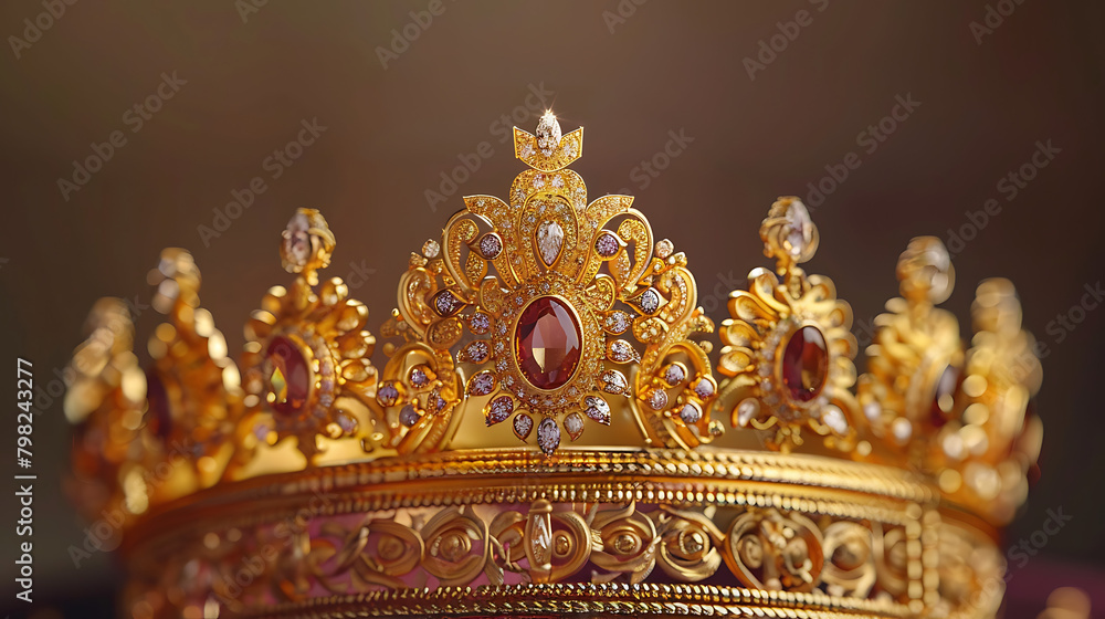 Fototapeta premium an exquisite golden crown adorned with intricate designs and gemstones. The crown features: Golden Elegance: The crown is crafted from golden material, radiating opulence
