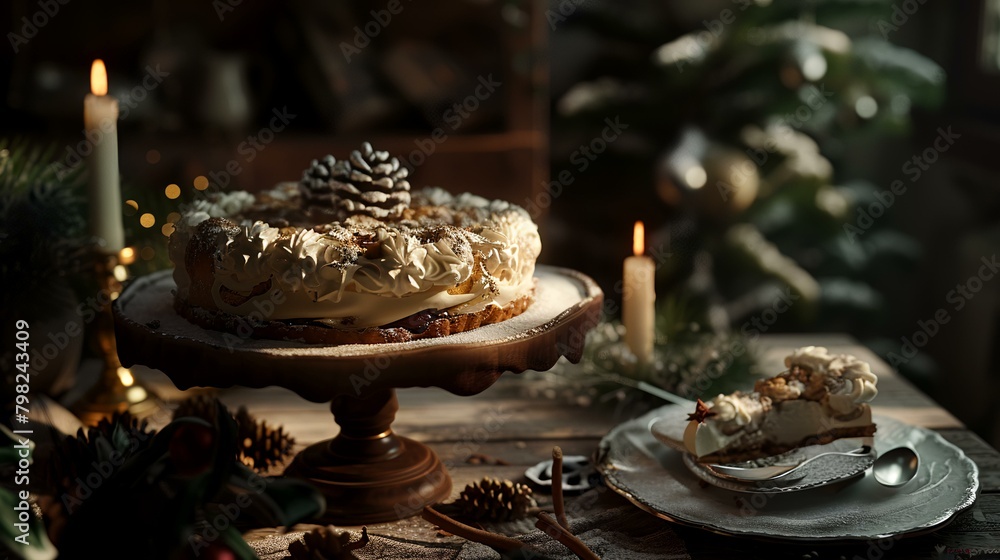 Meringue cake with pine cones on a wooden table in the interior Meringue cake with pine cones on a wooden table in the interior