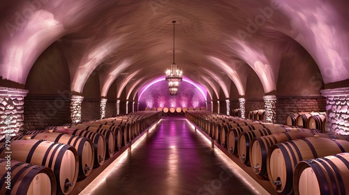 A sophisticated pastel wine cellar lined with rows of oak barrels and illuminated by soft, ambient lighting, showcasing rare vintages.