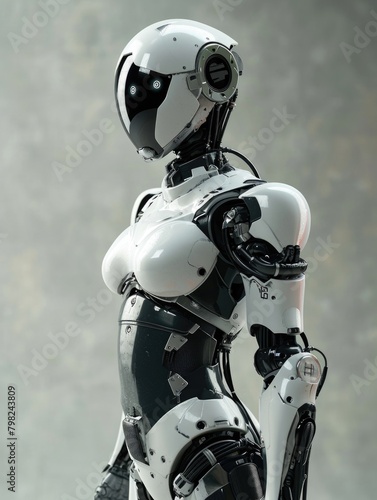 Humanoid robot with a sleek design posing in a modern setting.