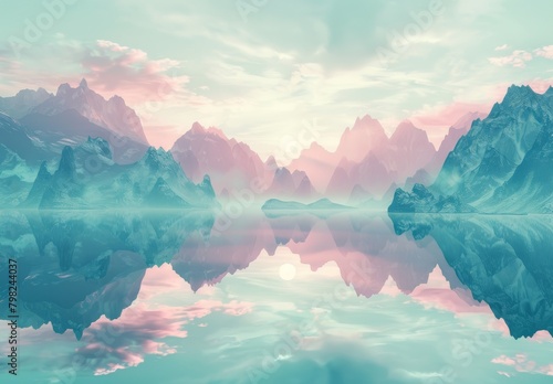 3D render: fantasy landscape, mountains reflected in water. Abstract background, spiritual zen wallpaper with skyline #798244037