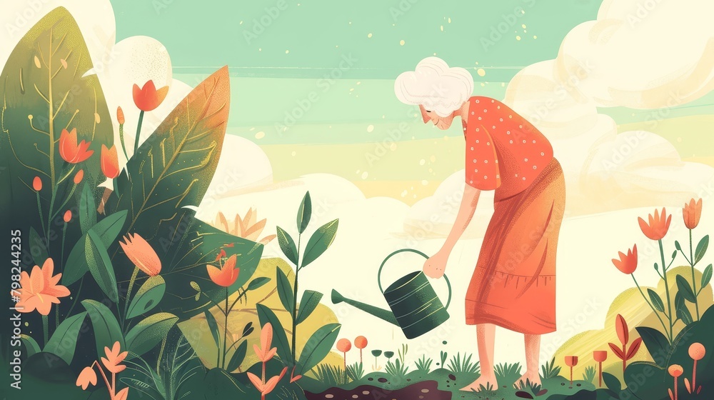 An elderly woman is watering flowers in a garden An elderly woman is watering flowers in a garden