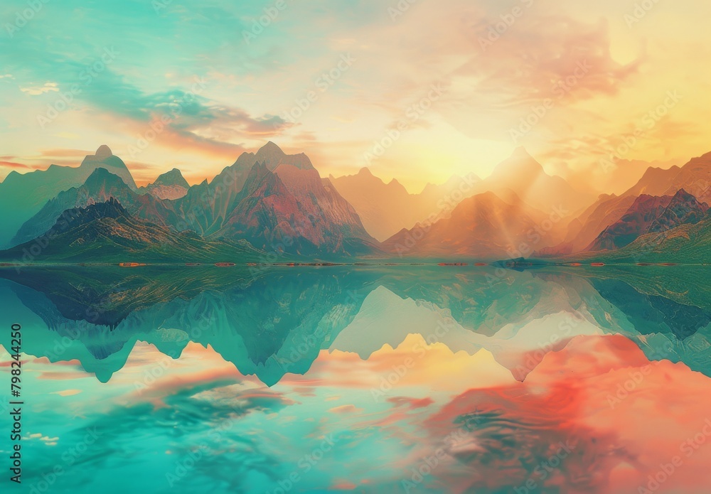 3D render: fantasy landscape, mountains reflected in water. Abstract background, spiritual zen wallpaper with skyline
