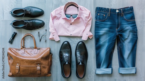 A pair of blue jeans, a red button down shirt, a pair of glasses, a watch, and a pair of shoes are arranged on a wooden surface.