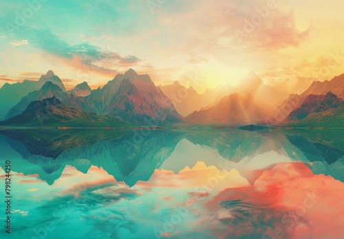 3D render: fantasy landscape, mountains reflected in water. Abstract background, spiritual zen wallpaper with skyline #798244250
