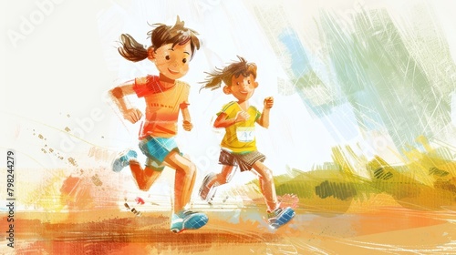 Two children energetically run across an open field under a blue sky on a sunny day