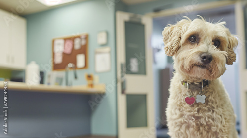 Cute dog wearing a collar with a heart tag sitting in a pet clinic or hospital waiting room, looking at the camera