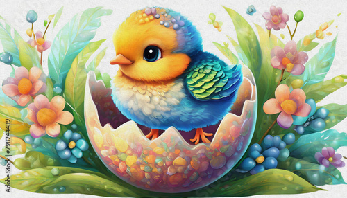 oil painting style CARTOON CHARACTER CUTE BABY cute young fluffy easter chick baby hatches from the eggshell