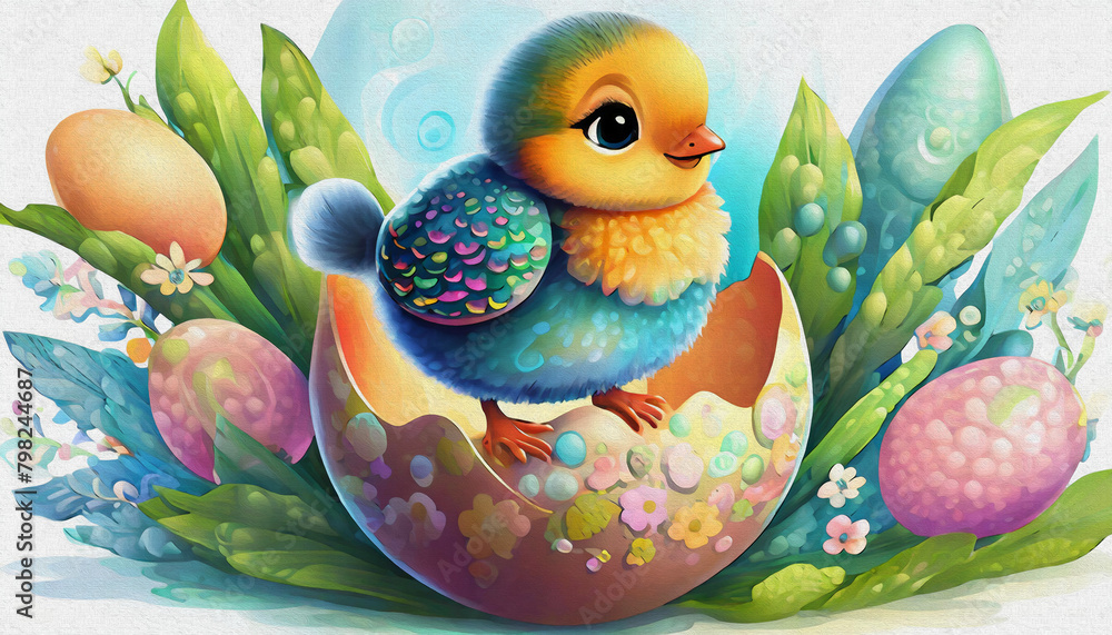 oil painting style CARTOON CHARACTER CUTE BABY cute young fluffy easter chick baby hatches from the eggshell