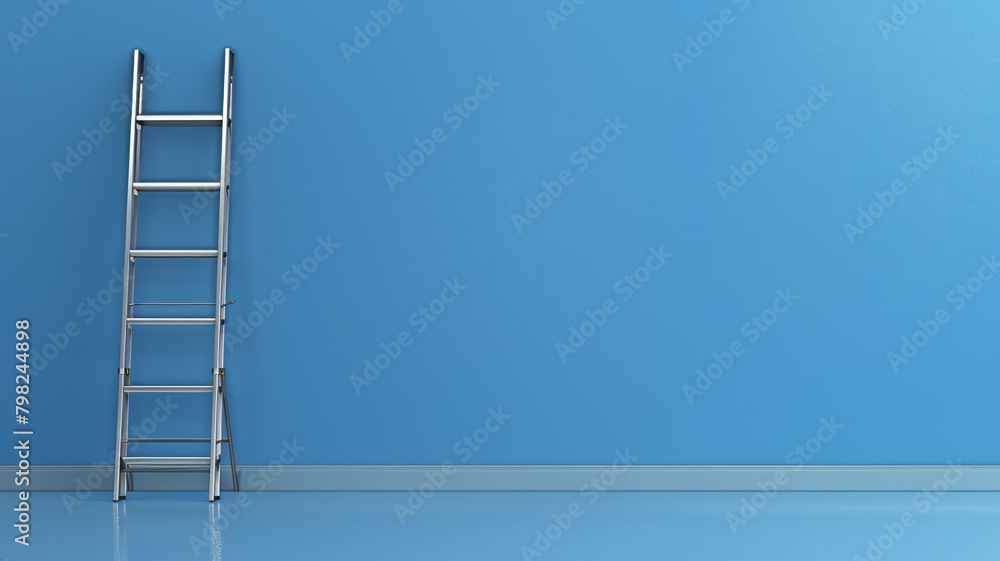 step ladder in a 3D rendering on a blue wall. step ladder in a 3D rendering on a blue wall.