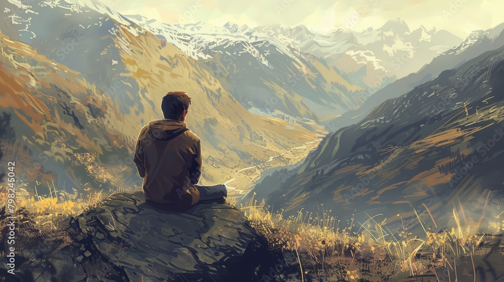 A man sits on a mountain peak, gazing at the valley spread out below him