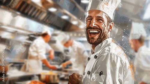 A professional chef laughing in a kitchen environment photo
