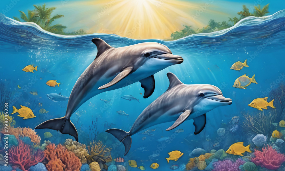 Obraz premium Dolphins under water at the coral reef with tropical fishes. Underwater world of the ocean. Algae, corals and sea anemones on the seabed.