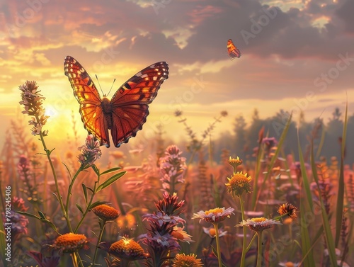Vibrant butterfly over wildflowers at sunset © Дарья Вовкула