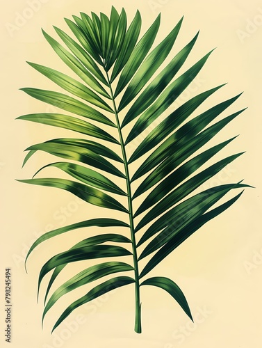 A vintage botanical illustration of one palm leaf in soft green tones on a cream background in the style of a watercolor The illustration is detailed and realistic with a vintage f