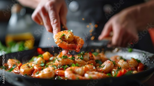 A person is cooking shrimp in a skillet with some seasoning, AI