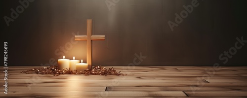 Candles illuminating a wooden cross softly