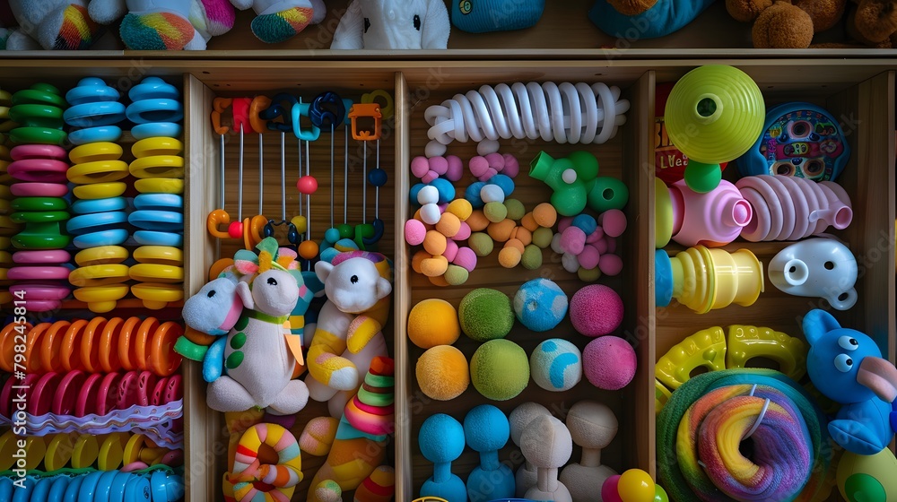 A top view of a toy box filled with colorful rattles, teethers, and other sensory toys, designed to stimulate a baby's senses.