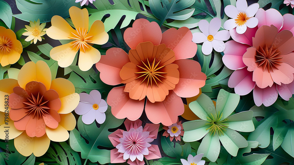Top view of paper-cut flowers with various colors and leaves of green. Top view of paper-cut flowers with various colors and leaves of green.