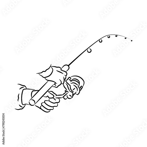 Hands fisherman hold a fishing rod, hand drawn line art drawing vector illustration