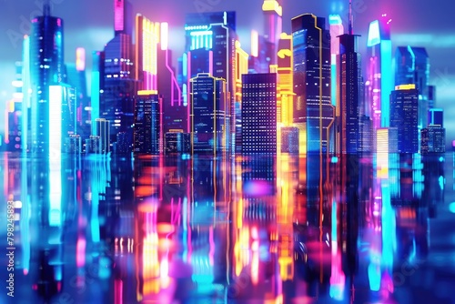 Vibrant cityscape with neon-lit skyscrapers reflecting on a glossy surface