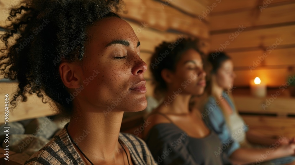 A group of friends meditate inside a sauna as they attend a workshop on the integration of breathwork and sauna therapy for stress reduction.. A group of friends meditate inside a sauna as they attend a workshop on the integration of breathwork and sauna therapy for stress reduction..