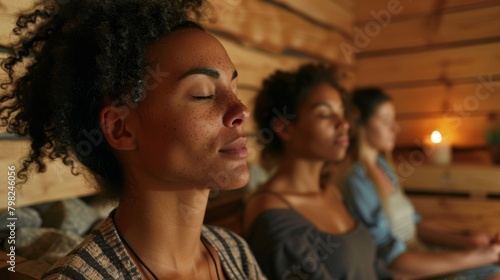 A group of friends meditate inside a sauna as they attend a workshop on the integration of breathwork and sauna therapy for stress reduction..