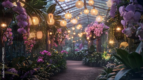 A tranquil pastel greenhouse filled with exotic plants and orchids, bathed in the gentle glow of hanging lanterns and twinkling fairy lights. © Love Mohammad