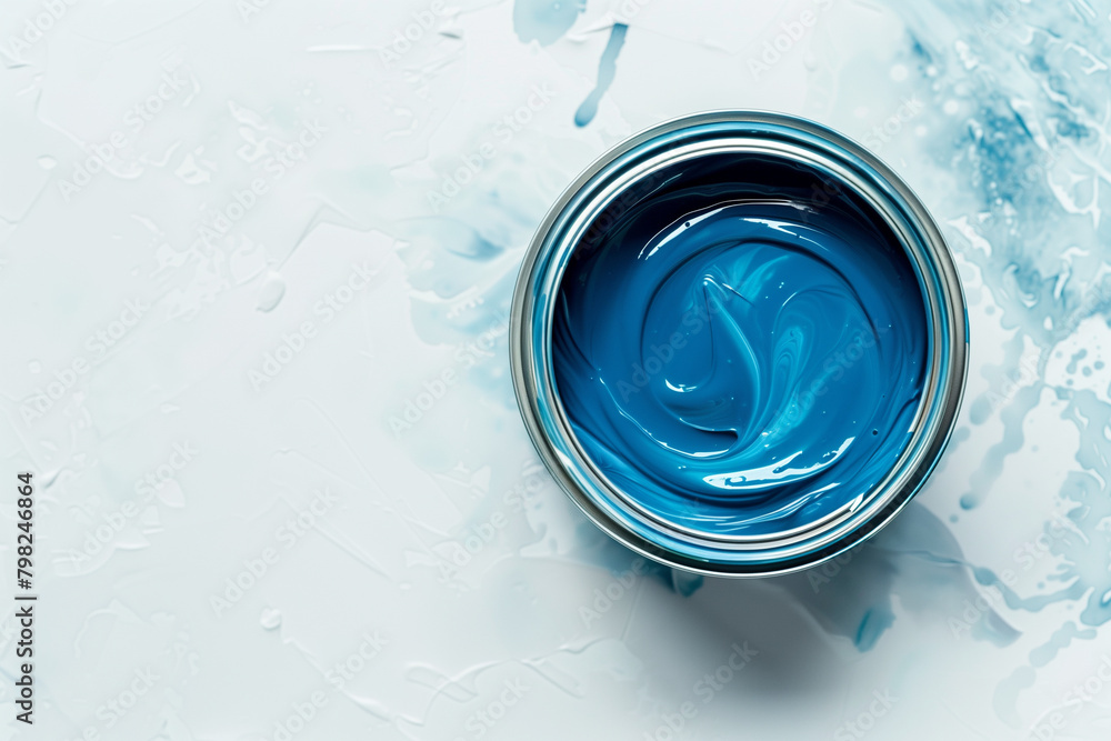 close-up shot from above of a can of blue cosmic paint resting on a clean white floor during a renovation, evoking a sense of celestial wonder and creativity in interior design, close-up shot from above of a can of blue cosmic paint resting on a clean white floor during a renovation, evoking a sense of celestial wonder and creativity in interior design,