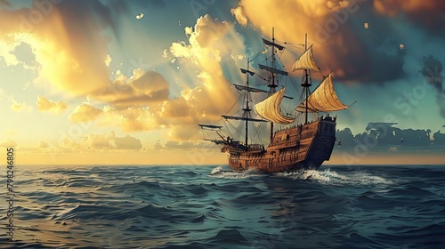 A majestic sailing ship on the ocean, under a cloudy sky at sunset. The sails are fully spread, and the ship appears to be in full motion. photo