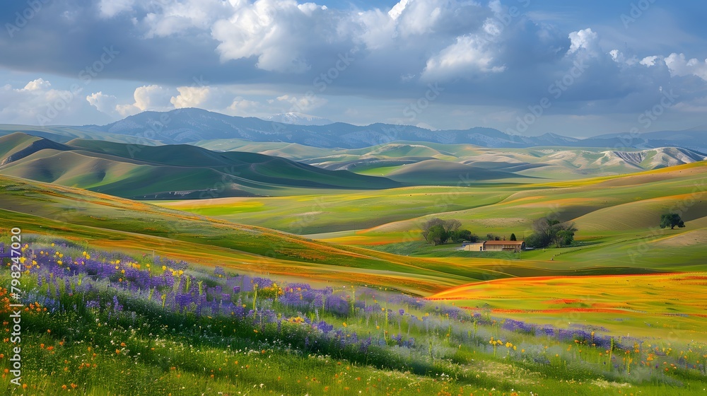 A vast expanse of rolling hills and meadows, with patches of colorful wildflowers and a distant farmhouse nestled among trees.