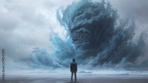 A man standing on the beach in front of a giant monster made from thunderclouds. The monster is depicted as a large blue-white cloud with a snarling, toothy face. photo