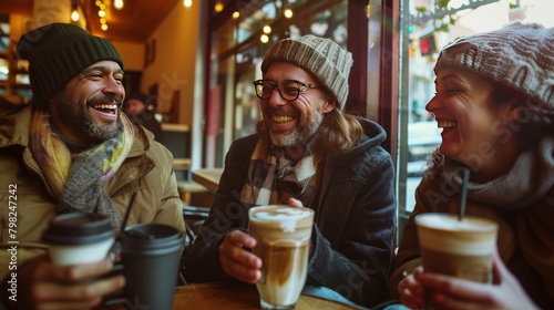 Happy people enjoy drinking coffee in the cafe