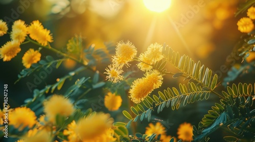 A stunning close up shot showcasing vibrant mimosa flowers basking in the sunlight