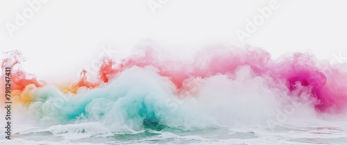 Bright cloud of colored smoke hovers in the air, banner mockup on a white background