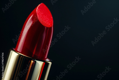 close-up of glossy lipstick in a classic red hue, set against a sleek, minimalist backdrop, evoking a sense of timeless elegance,