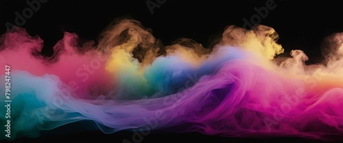 Colorful smoke swirls in dynamic patterns against black backdrop, abstract scene banner mockup