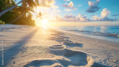 A beach with footprints in the sand and sun setting  AI