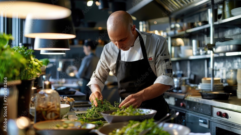 chef preparing a buckwheat salad in a modern restaurant kitchen, emphasizing a gluten-free menu chef preparing a buckwheat salad in a modern restaurant kitchen, emphasizing a gluten-free menu