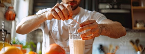 male athlete pours protein powder into a bottle to replace a meal after a workout