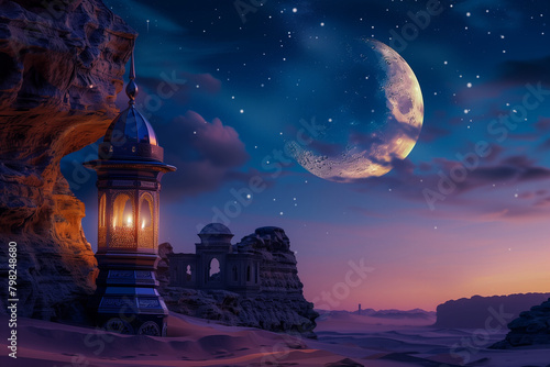 mesmerizing shot capturing the grandeur of a large lantern set against the backdrop of a tranquil desert landscape. The crescent moon shines brightly in the night sky  casting a ge