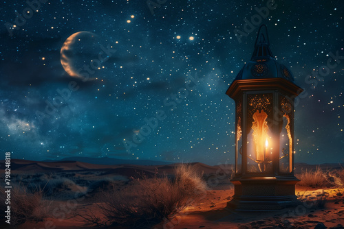 magnificent lantern against the backdrop of a serene desert under the crescent moon. The night sky is dotted with stars, creating a magical ambiance that enchants the viewer,