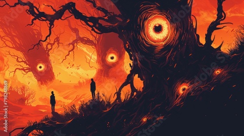 Two figures stand under a large old tree. The tree has a dark, gnarled trunk with a large red eye and branches that appear to glow with an orange, almost red light. .