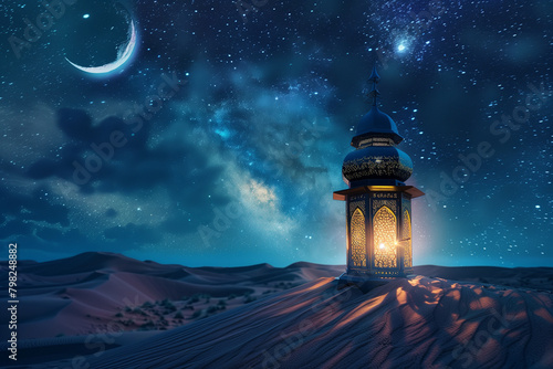 magnificent lantern against the backdrop of a serene desert under the crescent moon. The night sky is dotted with stars, creating a magical ambiance that enchants the viewer,