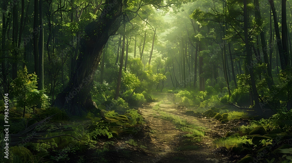 A winding forest trail disappearing into the depths of ancient woods, dappled with sunlight and shadows.