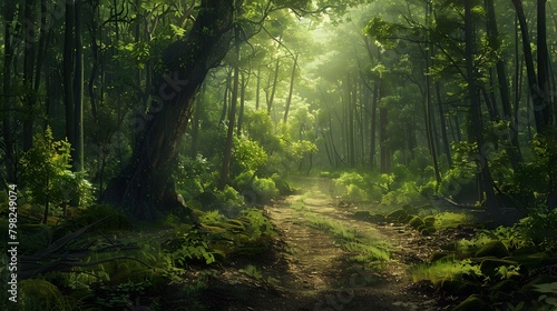 A winding forest trail disappearing into the depths of ancient woods, dappled with sunlight and shadows. © Love Mohammad